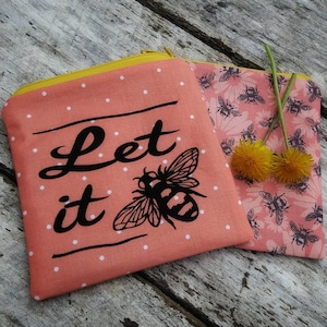 Let it bee zipper pouch. Gardener gift. Apiarist. Coral small purse. Polka dots and bumble bees. Gardening pouch set. image 1