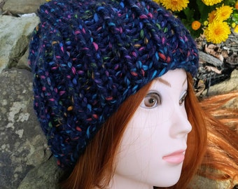 Bulky wool knit hat. Yukon bulky beanie. Multi color thick yarn. Finished product. Women's/tweens winter toque.  Navy blue and multicolor.