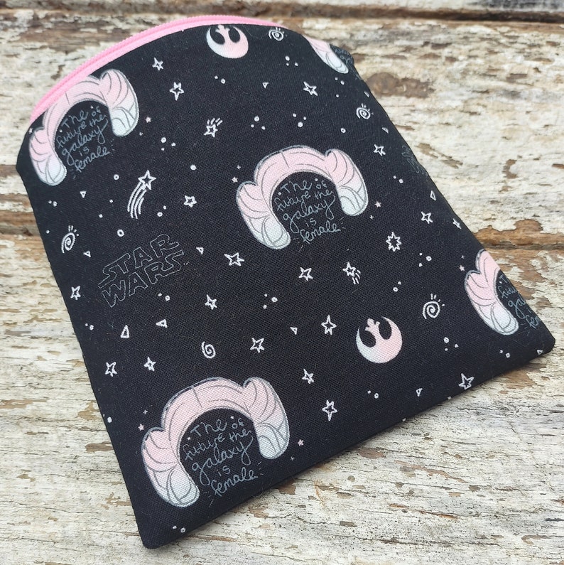 Star Wars pouch. The future of the Galaxy is female. Fully lined fabric zipper bag. Princess Leia buns. Pink and black image 1
