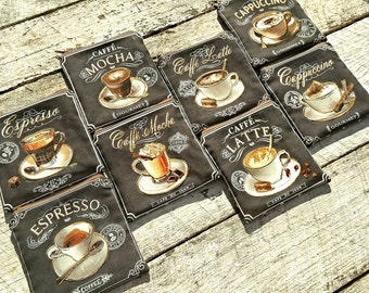 Coffee themed square zipper pouches, caffe mocha, caffe latte, cappuccino, espresso
