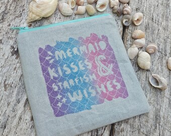 Handmade 5" Square Mermaid Pouch with Sparkly Gray Fabric & Magical Message, Mermaid Kisses and Starfish Wishes