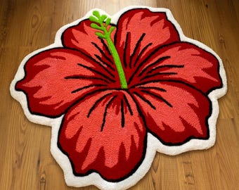 Red Hibiscus Flower Tufted Rug Handmade Tropical Carpet for Summer Decor Cute Floral Mat for Boho Room and Beach House Vibes Valentine’s Day