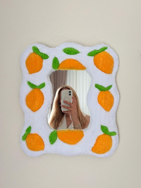 Tufted Lemon Mirror, Handmade Funky Wall Mirror, Citrus Room Decor, Cute Aesthetic Wavy Mirror