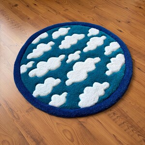 Cloud Tufted Rug, Sky Round Area Rug, Cute Nursery Decor, Kids Room Rug, Blue Bathroom Rug, Handmade Aesthetic Carpet, Housewarming Gift image 9