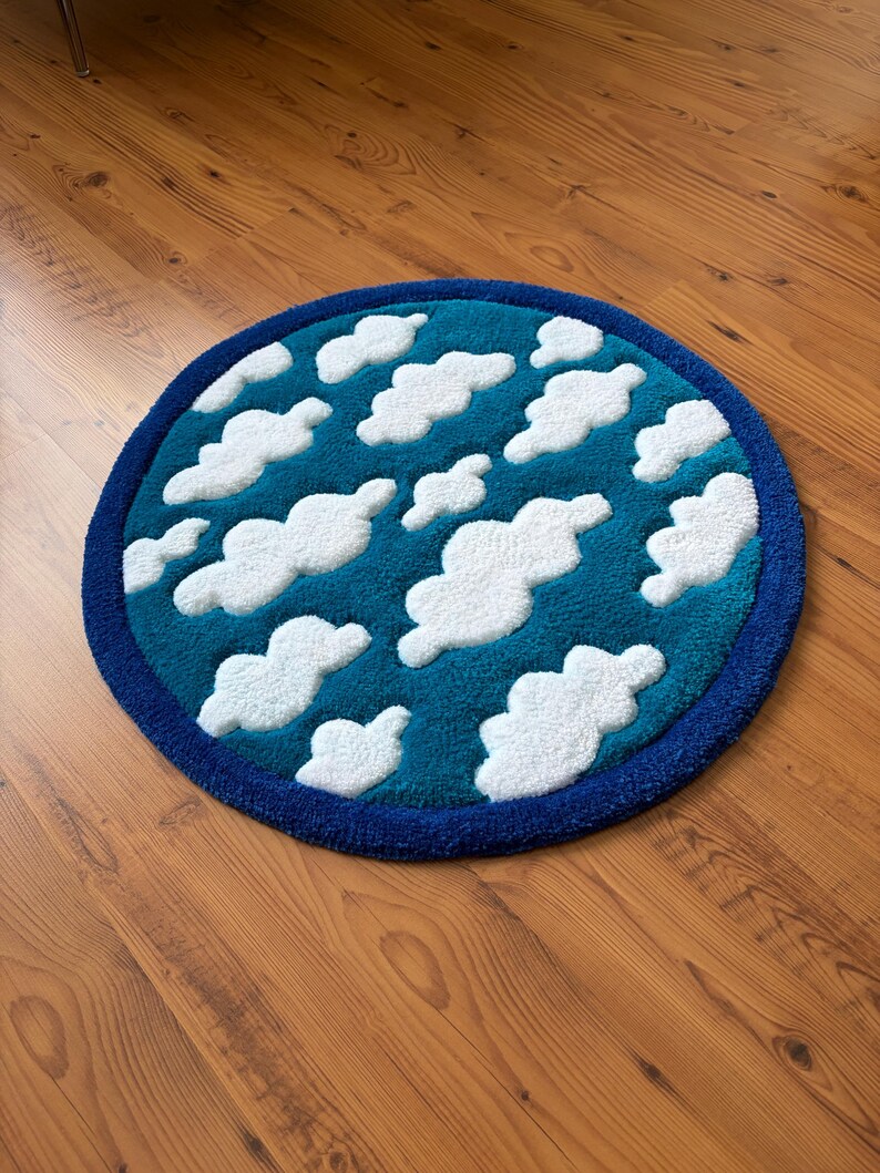 Cloud Tufted Rug, Sky Round Area Rug, Cute Nursery Decor, Kids Room Rug, Blue Bathroom Rug, Handmade Aesthetic Carpet, Housewarming Gift image 9