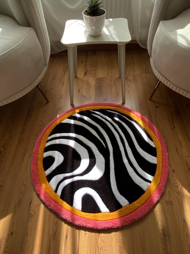 Pink Zebra Shape Rug Handmade Round Abstract Zebra Print Tufted Rug, Modern Pink and Orange ...