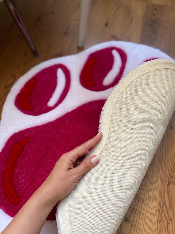 Kawaii Pink Paw Handmade Tufted Rug, Cute Animal Themed Floor