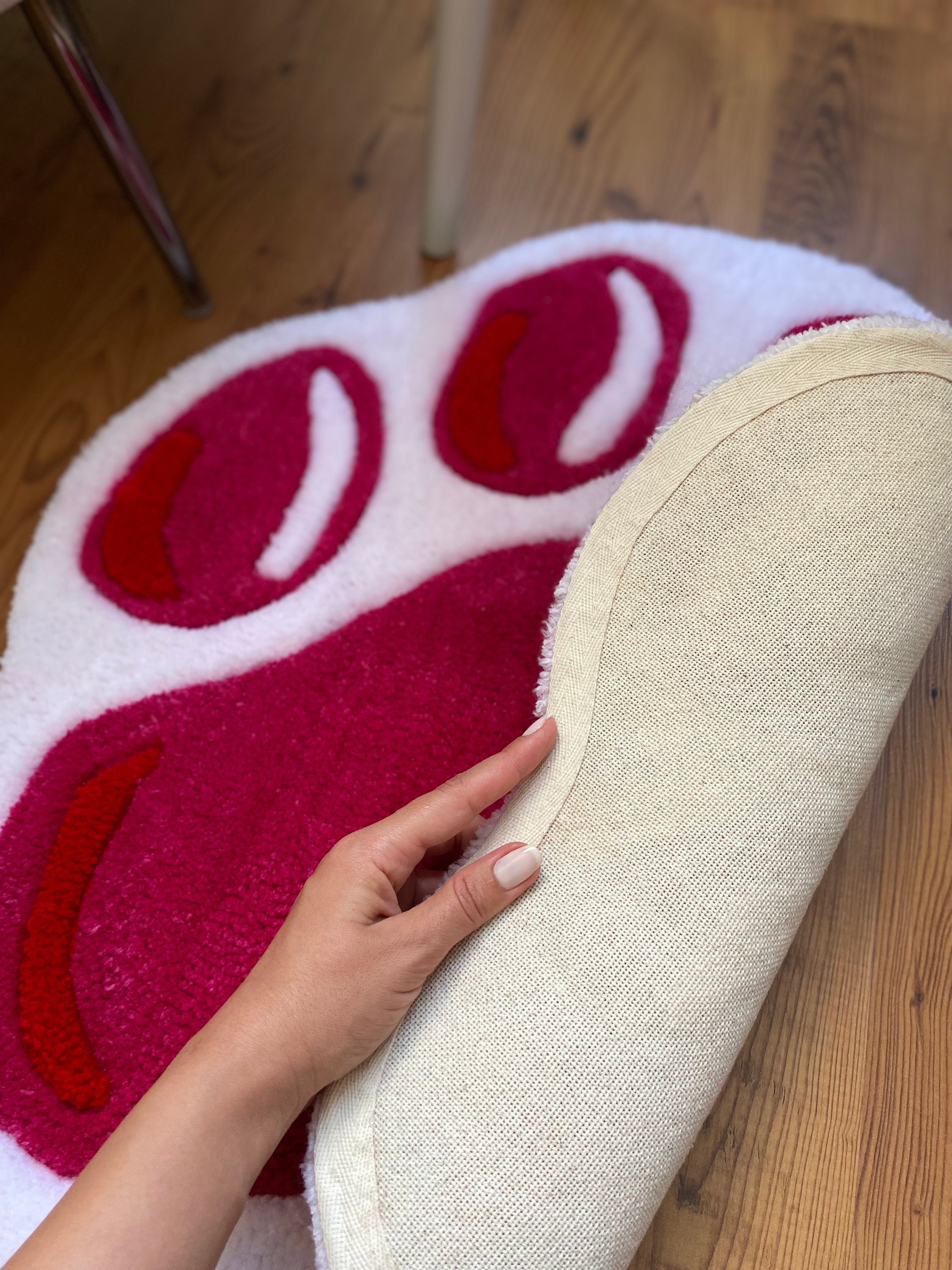 Kawaii Pink Paw Handmade Tufted Rug, Cute Animal Themed Floor