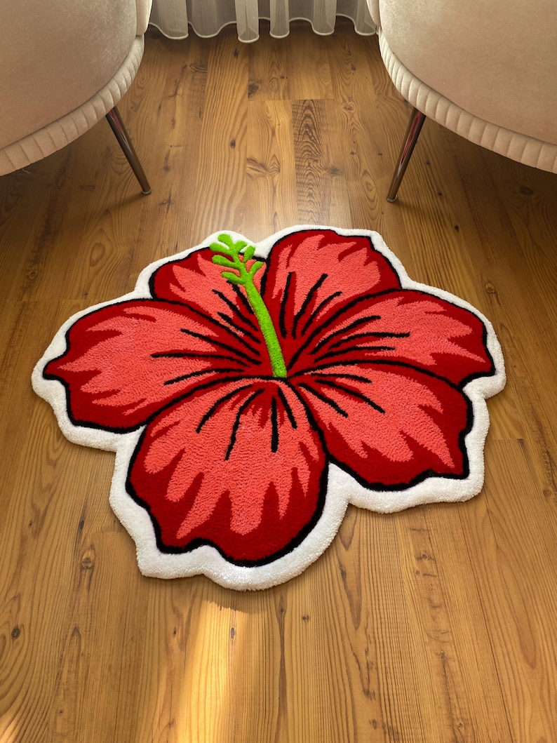 Red Hibiscus Flower Tufted Rug Handmade Tropical Carpet for Summer ...