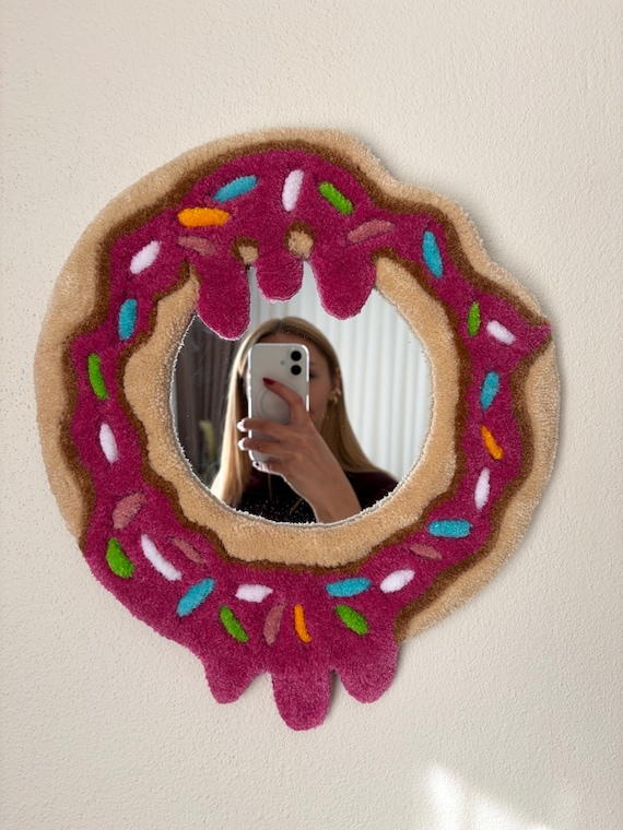 Donut Shaped Tufted Mirror, Handmade Tufted Fluffy Wall Mirror Frame, Cute Donut Mirror, Kawaii Kids Room Decor, Bedroom Aesthetic Wall Art