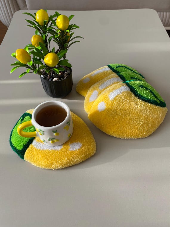 Lemon Mug Rug Tufted Coaster Handmade Citrus Drink Mat Dopamine Decor for Coffee Corners or Kitchen One Single Piece Only
