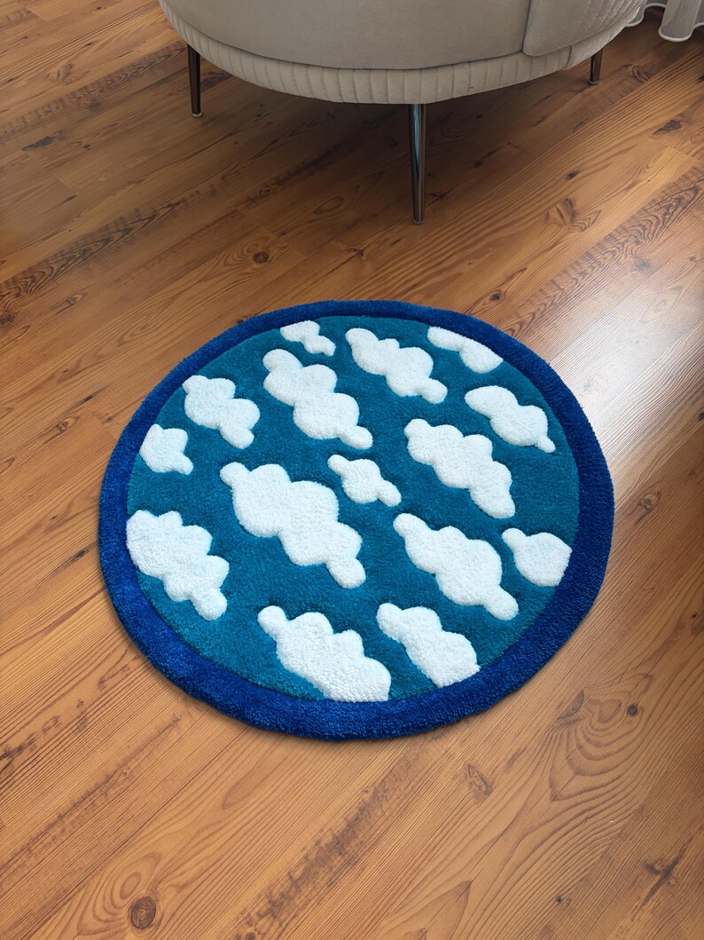 Cloud Tufted Rug, Sky Round Area Rug, Cute Nursery Decor, Kids Room Rug, Blue Bathroom Rug, Handmade Aesthetic Carpet, Housewarming Gift image 12