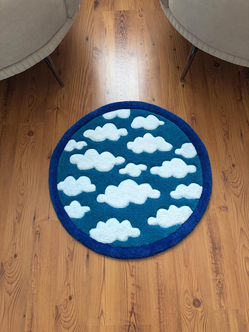 Cloud Tufted Rug, Sky Round Area Rug, Cute Nursery Decor, Kids Room Rug, Blue Bathroom Rug, Handmade Aesthetic Carpet, Housewarming Gift image 10