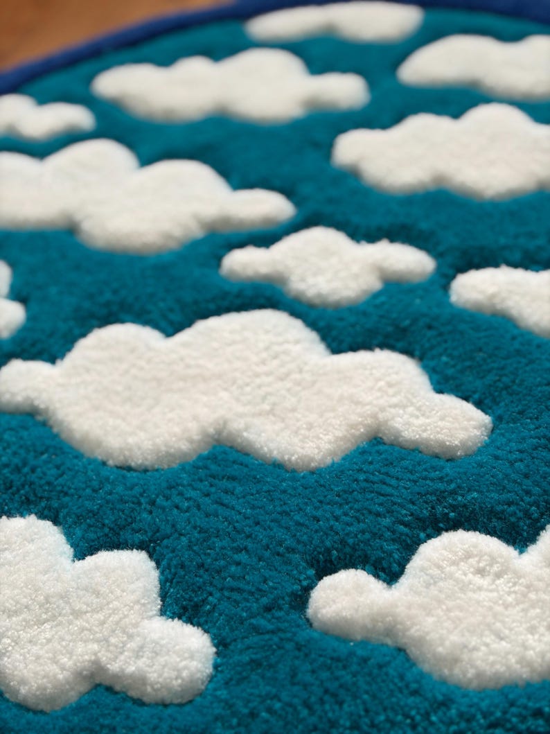 Cloud Tufted Rug, Sky Round Area Rug, Cute Nursery Decor, Kids Room Rug, Blue Bathroom Rug, Handmade Aesthetic Carpet, Housewarming Gift image 5