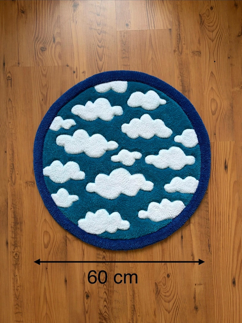 Cloud Tufted Rug, Sky Round Area Rug, Cute Nursery Decor, Kids Room Rug, Blue Bathroom Rug, Handmade Aesthetic Carpet, Housewarming Gift image 3