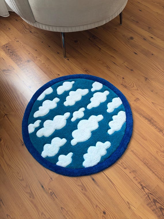 Cloud Tufted Rug, Sky Round Area Rug, Cute Nursery Decor, Kids Room Rug, Blue Bathroom Rug, Handmade Aesthetic Carpet, Housewarming Gift