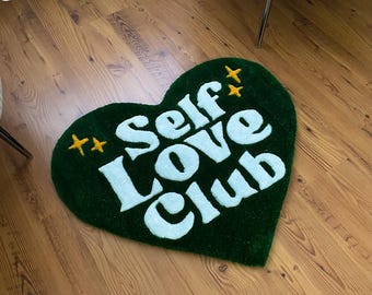 Handmade Tufted Green Heart Rug, Dark Green Self Love Club Rug, Cozy Motivational Floor Accent, Unique Gift for Home Decor Lovers