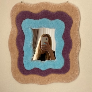 Handmade Wavy Tufted Mirror, Funky Aesthetic Mirror Frame Wall Decor, Groovy Colorful Retro Mirror for Trendy Room Design