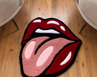 Handmade Sassy Lips Tufted Rug Funky Pop Art Tongue Out Floor Mat Bold Statement Rug for Trendy Edgy Room Aesthetic Decor Valentine’s Gift