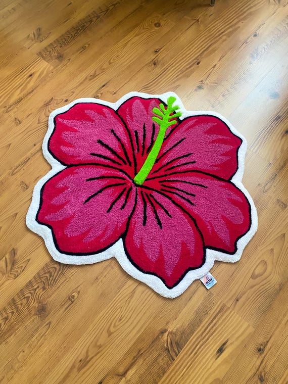 Hibiscus Flower Tufted Rug Handmade Tropical Carpet Soft Abstract Dopamine Decor for Boho Bedroom Dorm or Cozy Summer Room