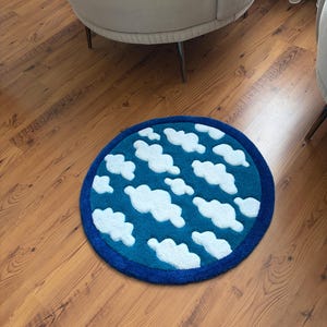 Cloud Tufted Rug, Sky Round Area Rug, Cute Nursery Decor, Kids Room Rug, Blue Bathroom Rug, Handmade Aesthetic Carpet, Housewarming Gift image 11