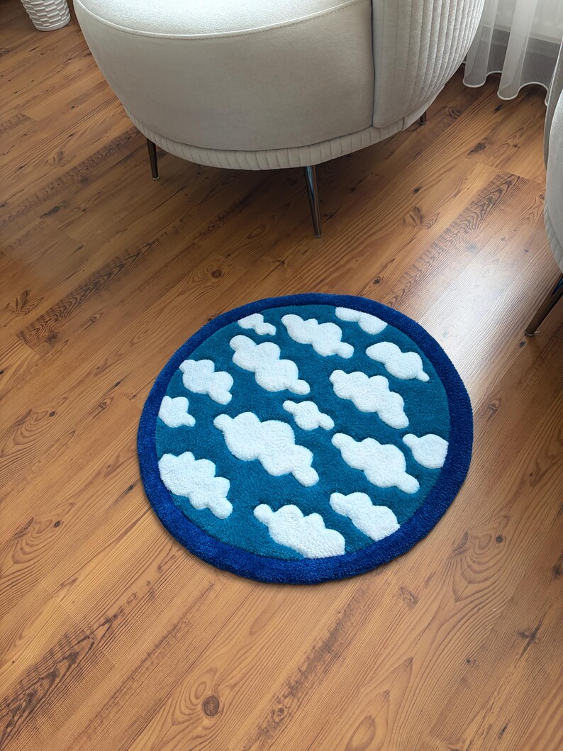 Cloud Tufted Rug, Sky Round Area Rug, Cute Nursery Decor, Kids Room Rug, Blue Bathroom Rug, Handmade Aesthetic Carpet, Housewarming Gift image 11