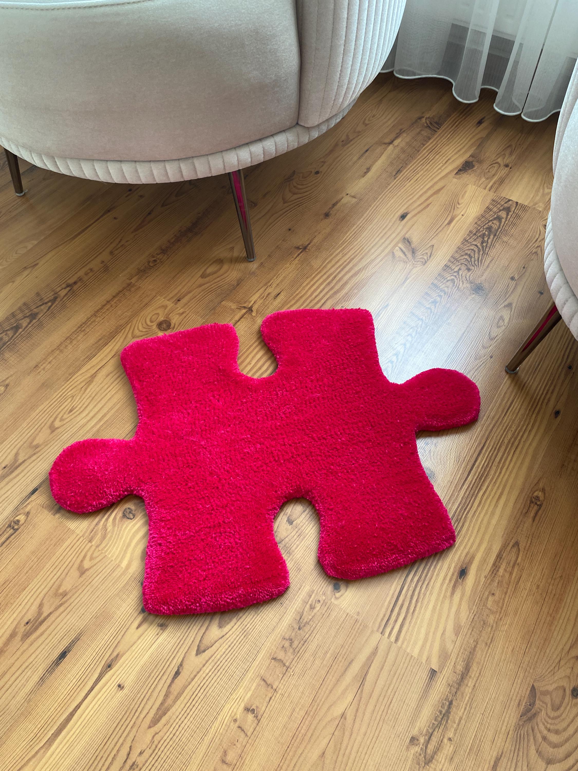 Handmade Tufted Puzzle Piece Rug, Funky Red Jigsaw Floor Mat, Unique ...