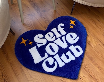 Blue Heart Self Love Club Rug / Handmade Tufted Carpet, Cozy Room Decor Gift
