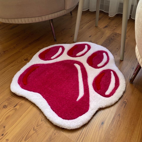 Kawaii Pink Paw Handmade Tufted Rug, Cute Animal Themed Floor