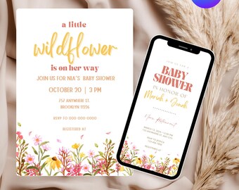 Editable Wildflower Baby Shower Invitation, A Little Wildflower Is On the Way, Boho Baby Shower Invite, A Little Wildflower Baby Shower