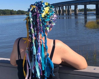 Crazy crochet hat with dreads boho women's hat funky unique shabby chic unusual weird festival hat statement beanie blue hat bucket denim