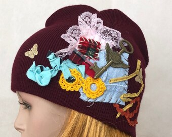 Warm beanie for women crazy hat funky knit red hat slouch bucket flapper hat upcycled clothing designer hat whimsical hat steampunk