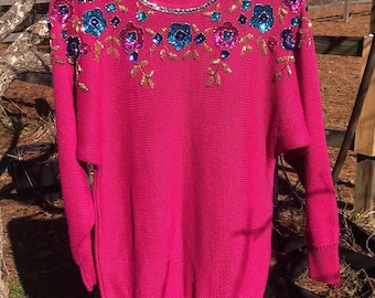 Women's  knit sweater raspberry cotton blend sweater sequined  sweater long sleeves  vintage style sweater women's clothing