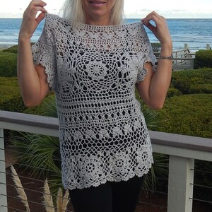 Crocheted lace Sweater top cotton crochet tunic lavender lace sweater  womens clothing vest sleeveless bohemian clothing hand made