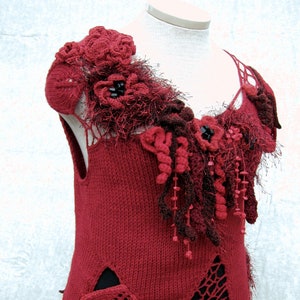 Hand knit sweater one of a kind red sweater red tunic free form wearable art artisan sweater statement clothing no pattern tunic dressy
