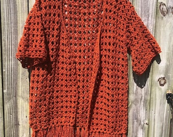 Crochet cardigan open front shrug XXL  kimono loose knit top oversize crochet duster large heavy fringed duster lace coat girt for her robe