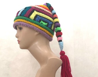 Cool knit hat crazy beanie winter hat one of a kind hat designer hat ski hats for women festival hat unisex boho flapper hand knit funky