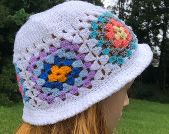 Women's hand crocheted cloche hat  bohemian hat bucket fedora slouchy hat granny square hat