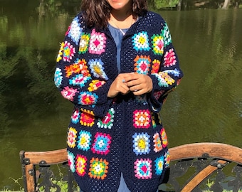 Crochet Duster Cardigan XL Women Granny Square Long Cardigan Boho Hippie jacket Retro long sweater Patchwork coat Hand knit Sweater