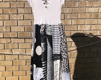 Womens maxi dress black white dress cotton dress womens casual spring dress cocktail dress party dress patchwork dress upcycled clothing