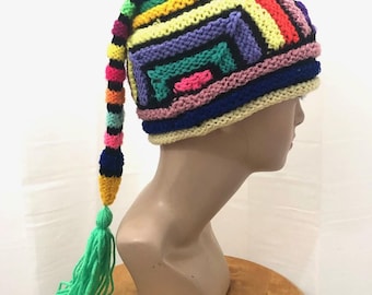 Cool knit hat crazy beanie winter hat one of a kind hat designer hat ski hats for women festival hat unisex boho flapper hand knit funky