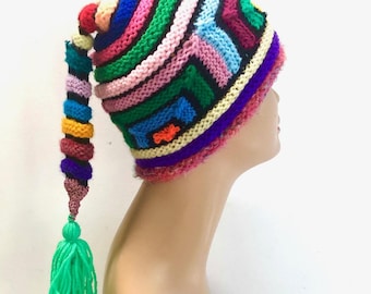 Cool knit hat crazy beanie winter hat one of a kind hat designer hat ski hats for women festival hat unisex boho flapper hand knit funky