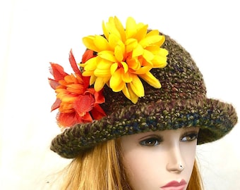 Cloche crochet hat with flowers brown hat dressy warm hat women's fedora wide bream hat warm winter hat dressy winter hat