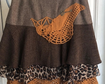 Wool skirt boho style skirt winter skirt crochet ruffle skirt knee length animal print skirt A-line low waist knit skirt brown skirt