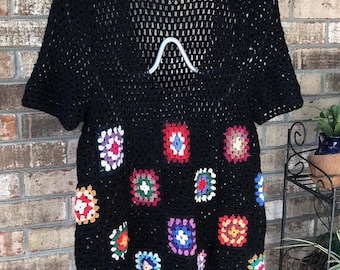 Hand crochet Sweater L Granny Squares Loose Knit Top Hippie Gypsy Boho Sweaters for Women Crochet Top Bohemian Hippie Crochet Black sweater