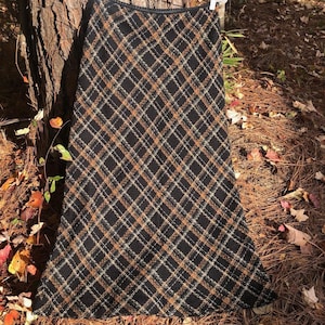 Plaid Brown Yellow Black Calf Length Woven Bohemian Skirt Vintage 80s Fall Winter Skirt Plaid A-line  Calf Length Norton Petites midi skirt