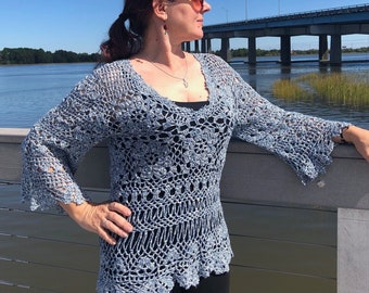 Crocheted lace Sweater L top cotton crochet tunic blue lace sweater  womens clothing  bohemian clothing hand made summer sweater