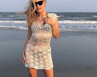 Sexy hand crochet dress mini beach cover up summer clothing boho top gypsy loose knit tunic sweater