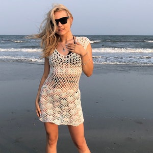 Sexy hand crochet dress mini beach cover up summer clothing boho top gypsy loose knit tunic sweater image 1