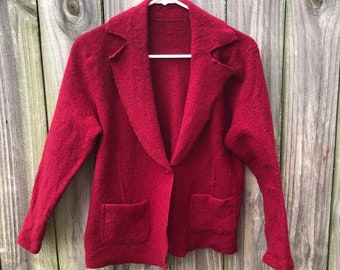 Wool cardigan vintage wine red L cardigan warm winter sweater felted cardigan red coat